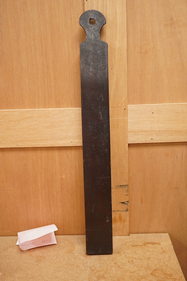 A George III mahogany cased thermometer by Ramsden, London, with silvered scale, height 46cm. Condition - poor to fair, the majority of the mercury now missing and reattachment needed to the top of the case.